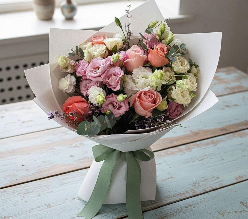 Букет цветов из: Розы, Лизиантусы и Гвоздики в Тетюшах